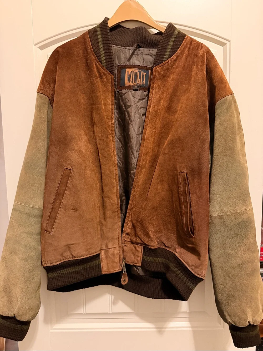 Winlit Brown Suede Bomber Jacket with Olive Sleeves